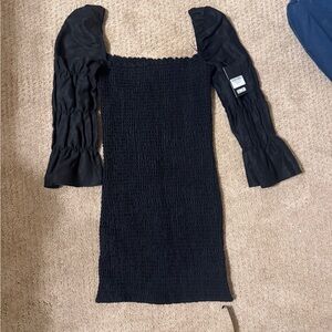 Reformation Black Smocked Mini Dress with Puff Sleeves